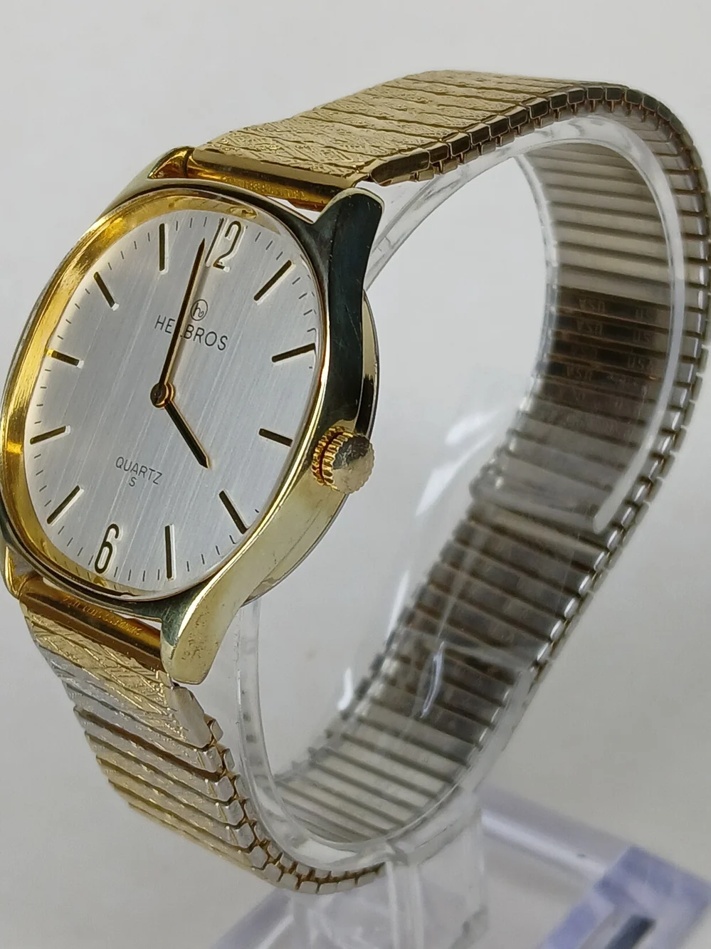 Vintage Helbros Men Quartz Watch Gold Tone Stretch Band Silver Dial New Battery